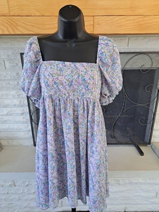 Storia Floral Puff Short Sleeve Midi-mini Dress  Smocked  Square Neck Small - Picture 2 of 15